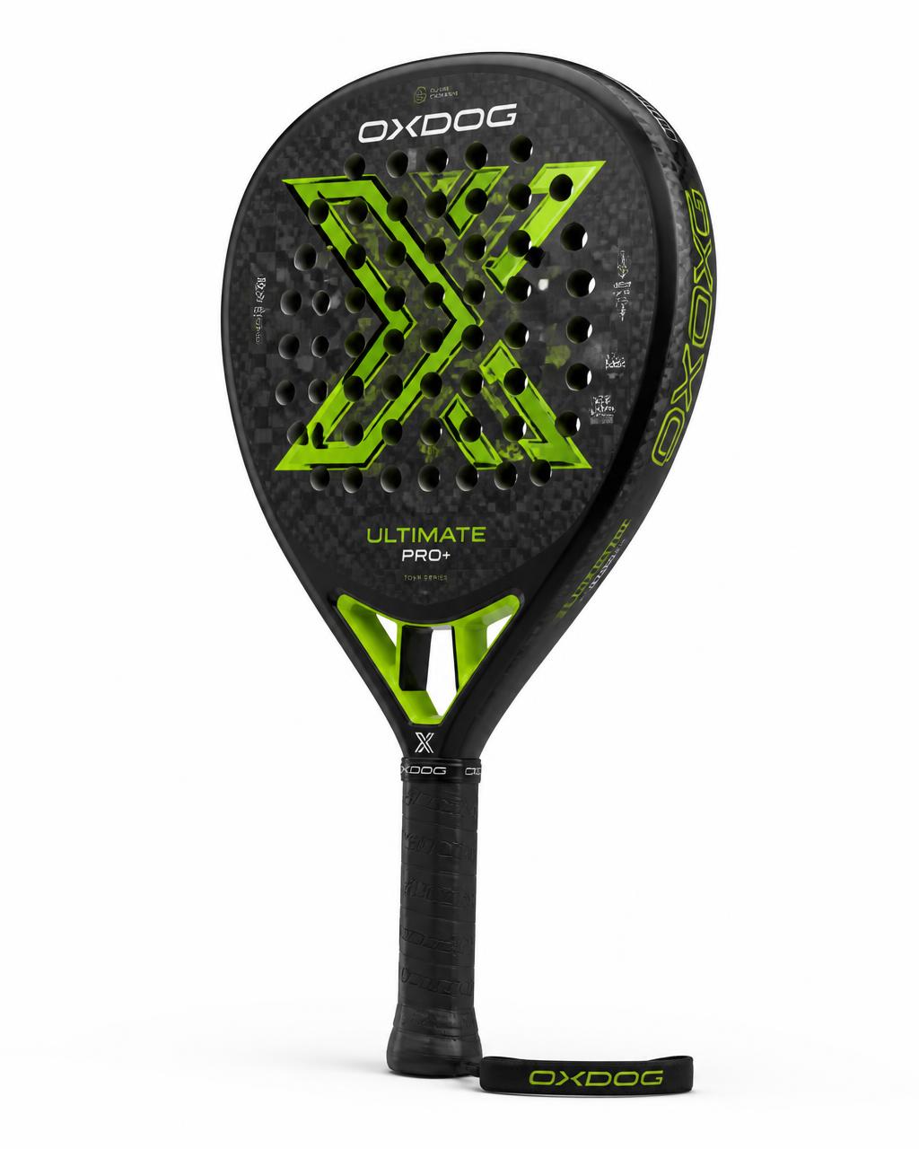Raquete Oxdog Ultimate Pro+ de carbono com detalhes em verde neon